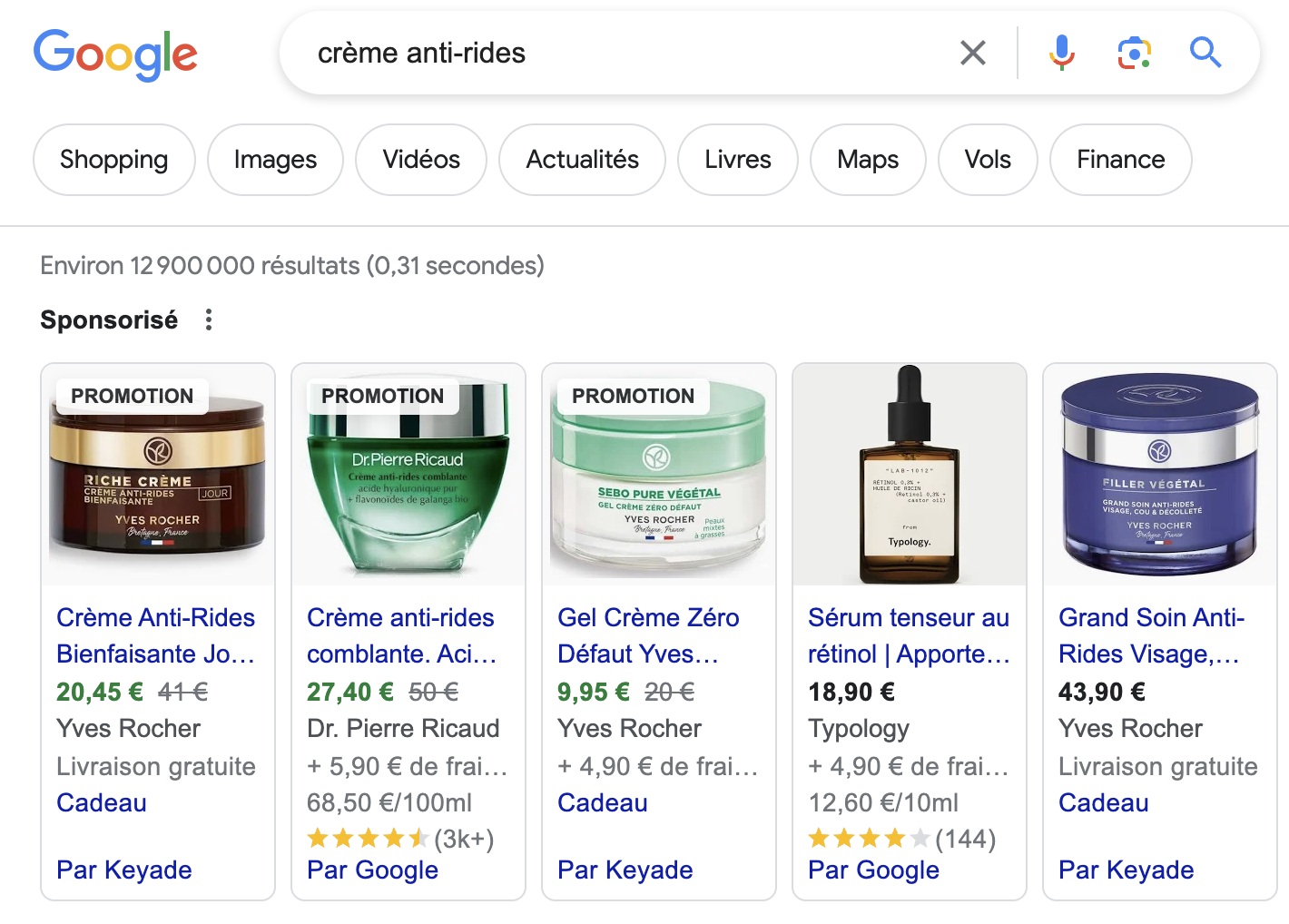 recherche de crème anti-rides dans Google Shopping